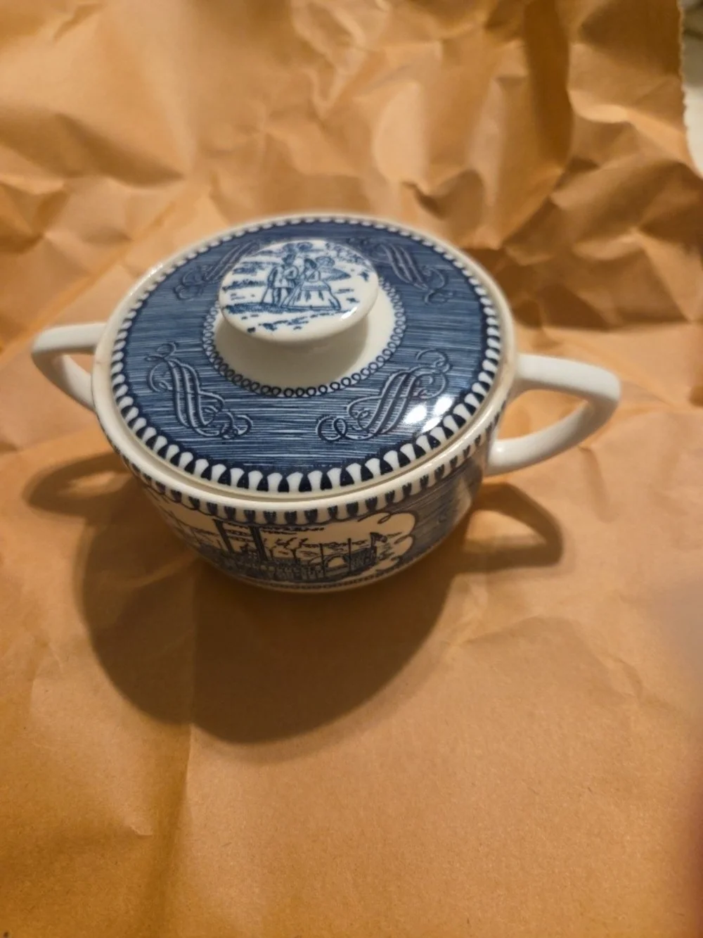 VTG Royal CURRIER & IVES BLUE Steamboat Ctr SUGAR BOWL & LID